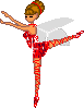 Pixelated fairy figure in red dress with white accents, performing ballet pose against gray background.