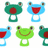 Pixelated frog icons in green, blue, and light blue with red mouths, some smiling, on white background with teal text reading Marissa loves frogs!!