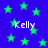 Blue background with green stars and white text reading 'Kelly' in multiple locations.