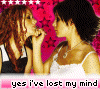 Animated sequence of two women against pink starry background with text "yes i've lost my mind" and changing heart symbols.