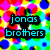 Pixelated image with vibrant multicolored background and three distinct text blocks: 'jonas brothers', 'Demi Lovato', and 'Flyleaf'.