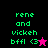 Pixelated text 'rene and vickie bffl <3' in green on black, magenta, and pink backgrounds with a star symbol.