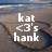 Pixelated image with white text reading 'kat <3's hank' over a blurred beach scene background.