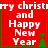 Red square icon with white pixelated text 'Merry Christmas and Happy New Year' and green pixelated Christmas trees, bordered by green dotted lines.