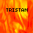 A static image with a fiery orange and red background displaying the text 'TRISTAN' in black pixelated letters across three sections.