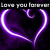 Four purple neon heart outlines on a dark background with text overlays reading Love you forever, Forever is over, Love, and Drunk.
