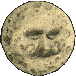 Four circular moon-like faces with cratered textures, each displaying distinct facial expressions including mustaches and open mouths, arranged in a on a gray background