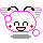 Pixelated character with pink outline, black antennae, red cheeks, and white ears on gray background.