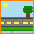 Pixel art animation of a road scene with orange and blue cars, trees, sun, and text changing between 'STAY RIGHT' and 'EXCEPT TO PASS'.