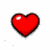 Red heart icon with pixelated edges on white background, surrounded by black-and-white text fragments in a