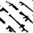 Multiple black pixelated shapes on white background, each resembling a stylized sword or abstract weapon with varying angles and orientations.