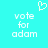 Pixelated cyan background with white text 'vote for adam' and a white heart symbol above the text.