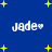 Blue background with yellow stars and four instances of 'jade+' text in white pixelated font arranged in a pattern