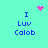 Pixelated cyan background with blue text "I Luv Calob" in four quadrants, pink heart and starburst animations above the top-left and top-right quadrants.