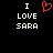 Static pixel art displays 'I LOVE SARA' text with a red heart symbol replacing the word 'LOVE', all on black background.
