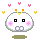 A 4-frame animated contact sheet showing a pixelated white skull character with pink cheeks, orange antennae, and heart-shaped eyes in alternating states against a gray background with floating hearts.