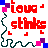 Pixelated red text 'love' and 'stinks' on white background with dark green zigzag border, surrounded by colored squares.