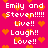 Pixelated pink background with orange hearts and repeated white text 'Emily and Steven!!!!! Live!! Laugh!! Love!!' in a pattern