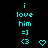 Cyan pixelated text and symbols on black background, with a heart symbol appearing in the rightmost position of the second frame.