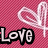Pink pixelated background with white outlined heart shapes and black text reading "Love" in two positions.