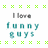 Green X and square patterns border a central text block reading 'I love funny guys' in teal pixelated letters on white background.