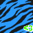 Six distinct tiger-stripe patterns in blue, green, orange, pink, yellow, and purple with black stripes; each pattern contains a small white triangular symbol with colored borders.