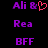 Purple text 'Ali &', red heart symbol, purple text 'Rea', and purple text 'BFF' on black background with pixelated style.
