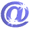 A contact sheet of 12 animated frames showing a blue @ symbol icon with varying rotation and sparkles against a gray background.