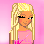 Pixel art contact sheet showing a blonde doll character in pink-themed outfits with repeated text and accessories across frames.
