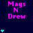 Pixelated text 'Mags N Drew' in bright pink on dark blue background with cyan star clusters, some clusters animate by adding stars.