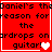 Red background with black text reading "Daniel's the reason for the cordrops on guitar!" and white heart symbols in a