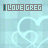repeated light blue heart outlines with 'I LOVE GREG' text above each, where the word 'LOVE' cycles through color variations