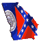 A small, pixelated flag with red and blue sections and white stars on a gray background.