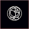 White circular symbol on black background with interwoven lines and a central void, resembling an abstract seal or emblem.