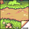 Pixel art scene with green grassy terrain, brown earthy ground, and a small white flower on the left side.