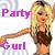 Pixelated static icon featuring a cartoon woman with blonde hair and brown outfit, pink text reading "Party Gurl" on white background.