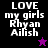 Pixelated text 'LOVE my girls Rhyan Ailish' on black and purple backgrounds with star symbols, one frame showing a purple star and another a black star.