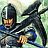 Pixelated static icon of a character in dark armor with blue accents and a helmet featuring a white vertical stripe, set against a light greenish background.