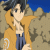 Pixelated anime character in orange hoodie and blue shirt, hand near face, against rocky terrain under blue sky.