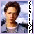 nine identical pixelated images showing a person in a light blue jacket over a gray shirt against a cloudy sky background with vertical text on the right