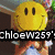 Yellow smiley face icon with black eyes and mouth, overlaid with two text banners reading 'chloeW259' and 'Homies' on a blurred background.