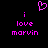 A static pixel art image with a black background, displaying a pink heart symbol above text that reads "i love marvin" in a pixelated font.