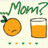 Pixelated image with green text 'Mom?', orange fruit, and orange juice glass on light background, with green and orange dots below.