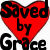 Red heart-shaped icon with black text reading 'Saved by Grace' in pixelated font, set against white background.