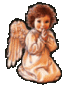 A small angel figure with brown curly hair, white wings, and a light orange robe kneels in prayer pose against gray background.