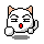 Pixel art contact sheet showing two frames of a white cat-like character with peach ears, black outlines, and gray shadows on a gray background.