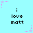 Light blue background with repeated text "i love matt" in black pixelated font, surrounded by pink and purple star-shaped pixel decorations.