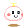 Four pixel-art frames of a round white character with pink cheeks, black square eyes, and a yellow top element on a gray background.