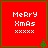 Red square with green border displays 'Merry Xmas' text and five X symbols, with a small green tree icon in the bottom-right corner.