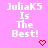 Pixelated text 'JuliaK5 Is The Best!' in white on pink background with red heart symbols, static image.